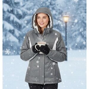 Magellan Outdoors Jacket Women's Medium Gray & White Hooded Pockets